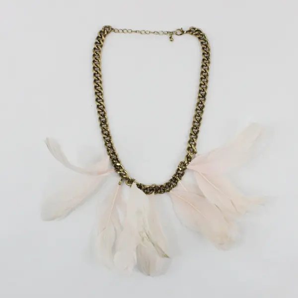 Gold-Tone White Feather Fringe Statement Necklace 19.5in Chain