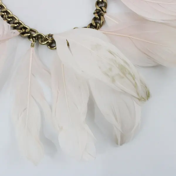 Gold-Tone White Feather Fringe Statement Necklace 19.5in Chain