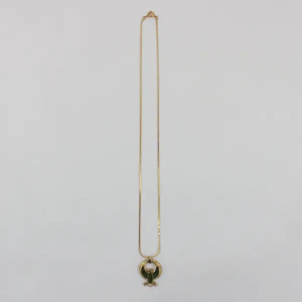Egyptian Horus Falcon Pendant Necklace 17.5in Gold Tone Green Stones