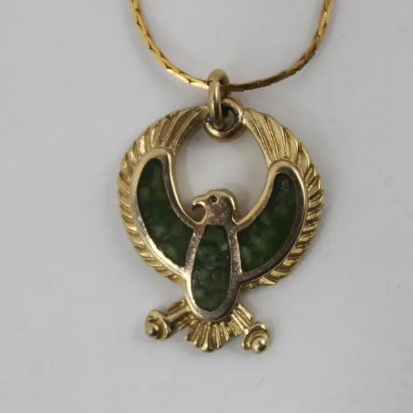 Egyptian Horus Falcon Pendant Necklace 17.5in Gold Tone Green Stones