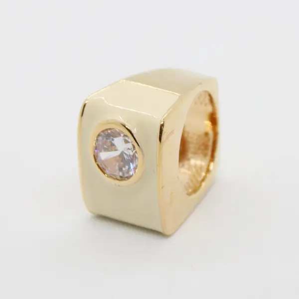 PAJ Cream Enamel Gold Tone Simulant Diamond Ring Size 8.5