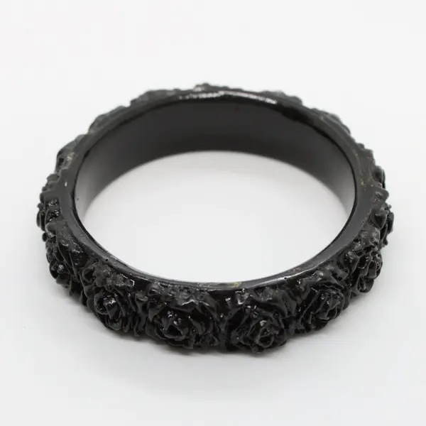 Vintage Molded Black Celluloid Floral Bangle Bracelet