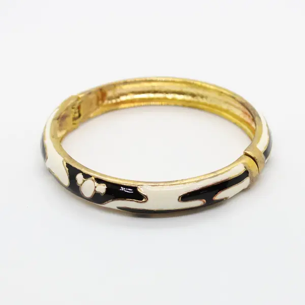 Black White Zebra Enamel Hinged Bangle Bracelet Gold Tone