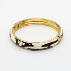 Black White Zebra Enamel Hinged Bangle Bracelet Gold Tone