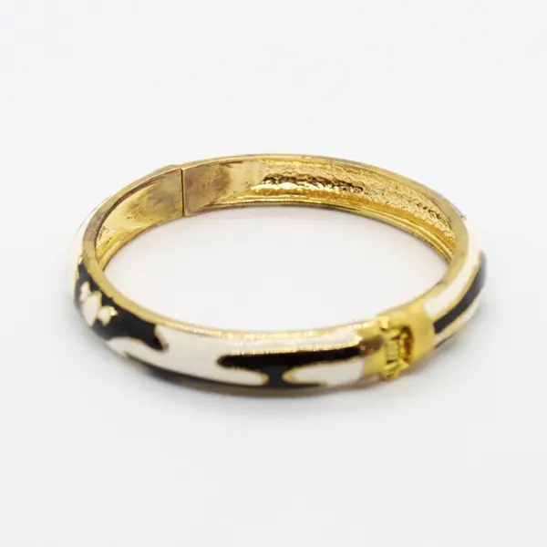 Black White Zebra Enamel Hinged Bangle Bracelet Gold Tone