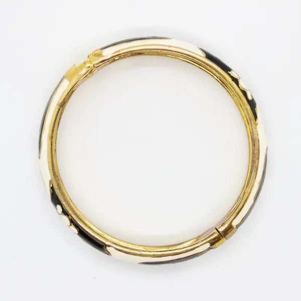 Black White Zebra Enamel Hinged Bangle Bracelet Gold Tone