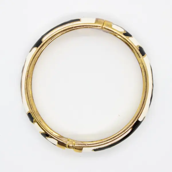 Black White Zebra Enamel Hinged Bangle Bracelet Gold Tone