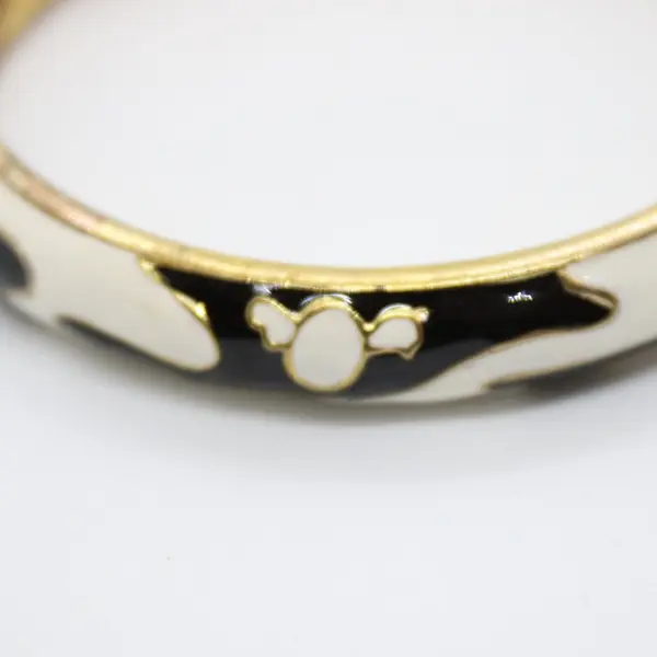 Black White Zebra Enamel Hinged Bangle Bracelet Gold Tone
