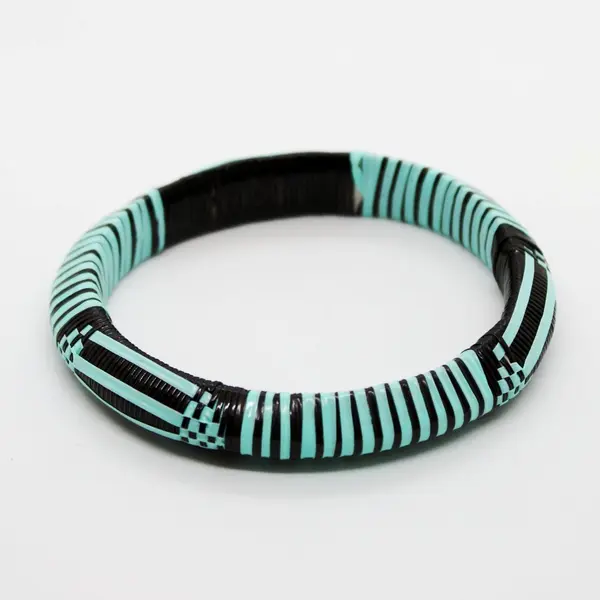 Handmade Black Turquoise Woven Bangle Bracelet Boho Striped
