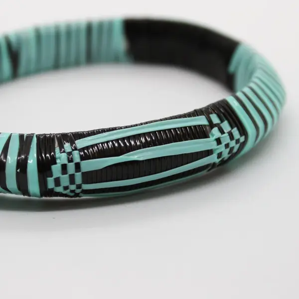 Handmade Black Turquoise Woven Bangle Bracelet Boho Striped
