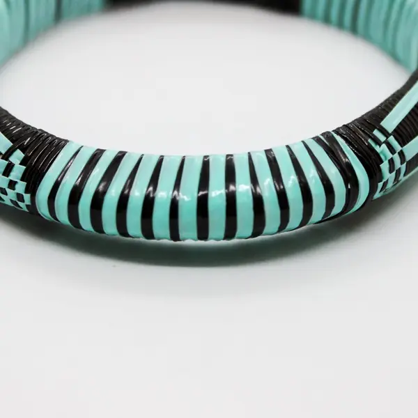 Handmade Black Turquoise Woven Bangle Bracelet Boho Striped