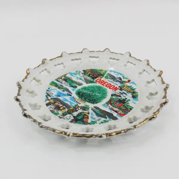 Vintage Oregon Souvenir Plate Scenic Views Pierced Rim Gold Trim 8in