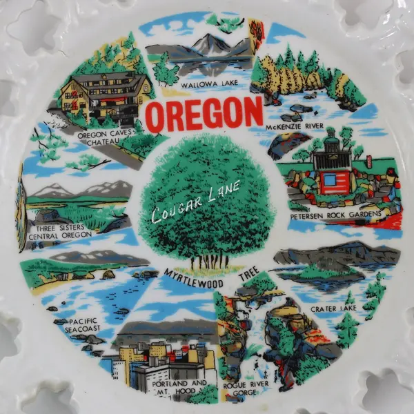 Vintage Oregon Souvenir Plate Scenic Views Pierced Rim Gold Trim 8in