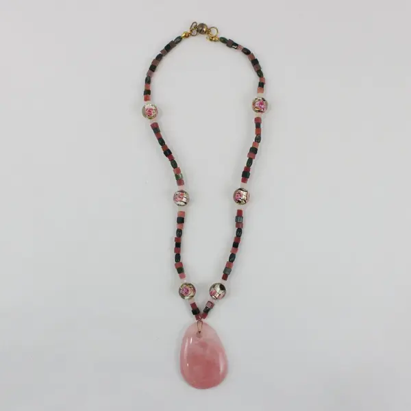 Art Glass Beaded Rose Quartz Pendant Necklace 19 Inch