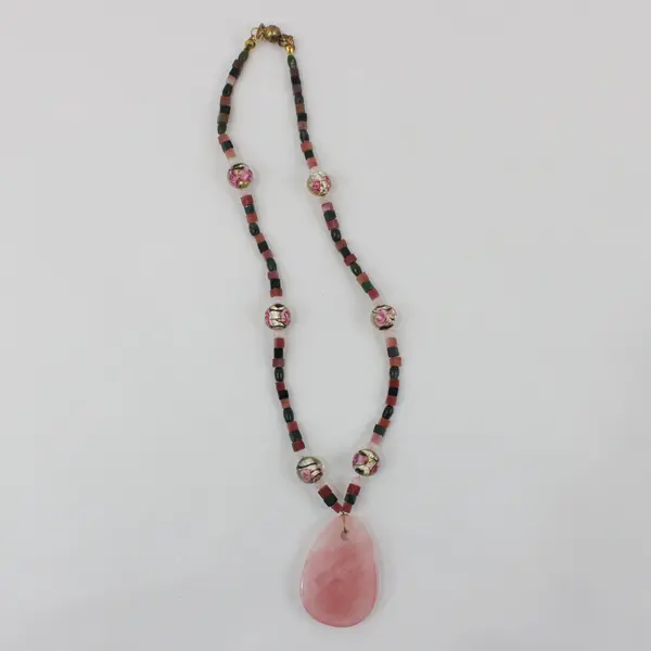 Art Glass Beaded Rose Quartz Pendant Necklace 19 Inch