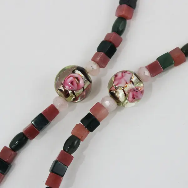 Art Glass Beaded Rose Quartz Pendant Necklace 19 Inch