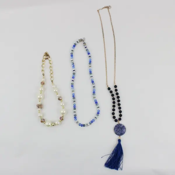 Lot of 3 Blue White Black/Navy Beaded Costume Jewelry Necklaces