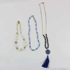 Lot of 3 Blue White Black/Navy Beaded Costume Jewelry Necklaces