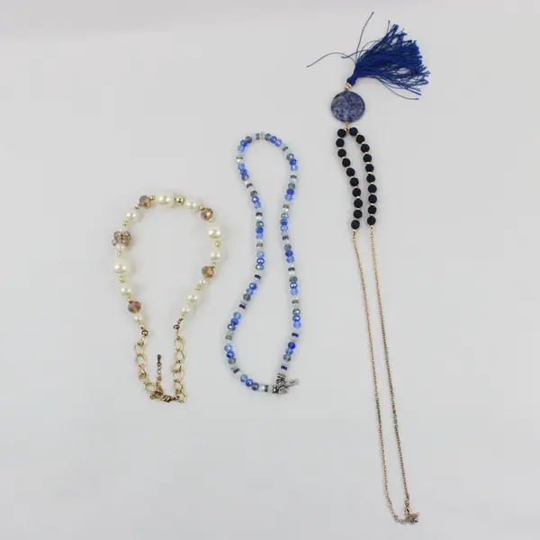 Lot of 3 Blue White Black/Navy Beaded Costume Jewelry Necklaces