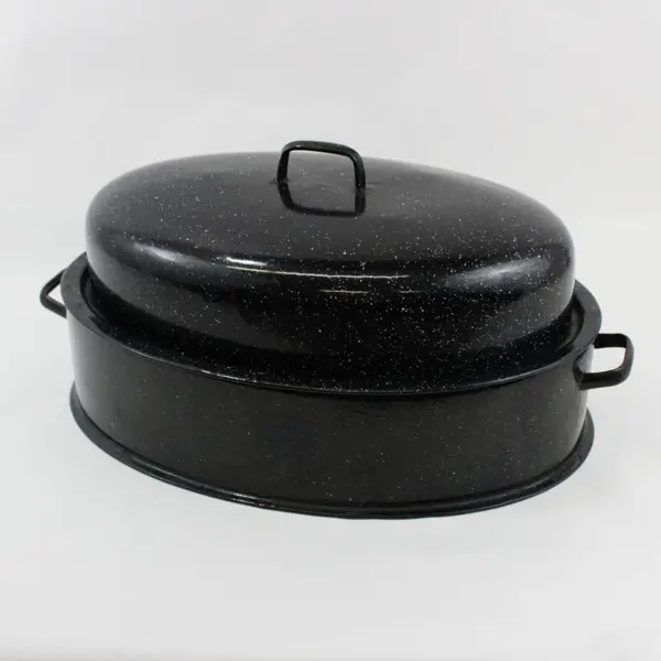 XL Black Speckled Enamelware Turkey & Ham Roasting Pan with Flat Rimmed Bottom