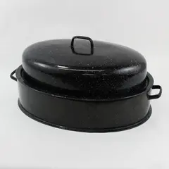 XL Black Speckled Enamelware Turkey & Ham Roasting Pan with Flat Rimmed Bottom