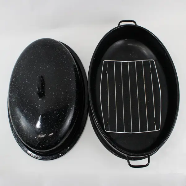XL Black Speckled Enamelware Turkey & Ham Roasting Pan with Flat Rimmed Bottom