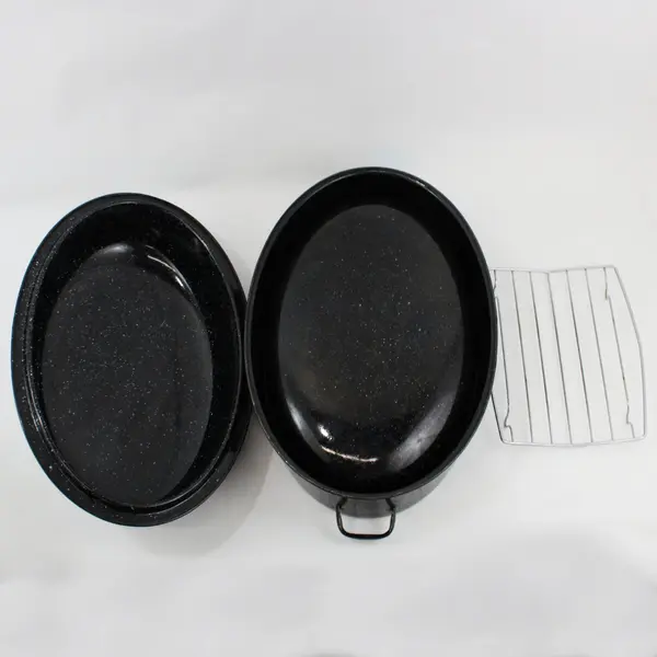 XL Black Speckled Enamelware Turkey & Ham Roasting Pan with Flat Rimmed Bottom