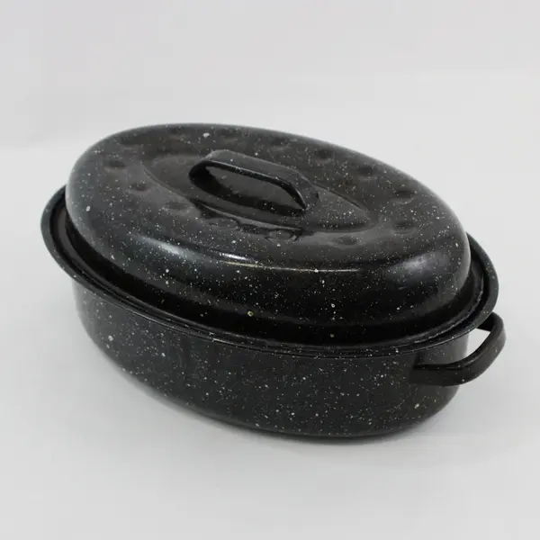 Unbranded Black Oval Enamelware Roasting Pan With Matching Lid 12x8