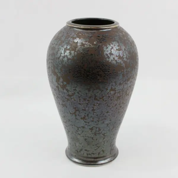 Signed Wheeler Black Brown Ceramic Metal Glaze Vase 10.5"