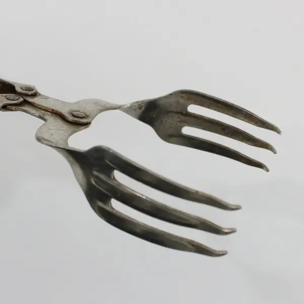 Vintage Metal Double Fork Mechanical Hinged Salad Tongs  Serving Utensil