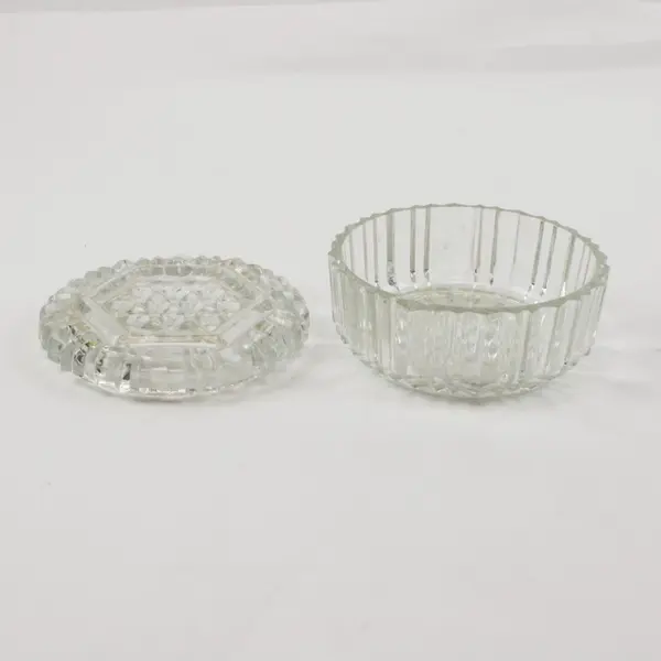 Round Clear Cut Glass Trinket Box Jewelry Dish Faceted Lid