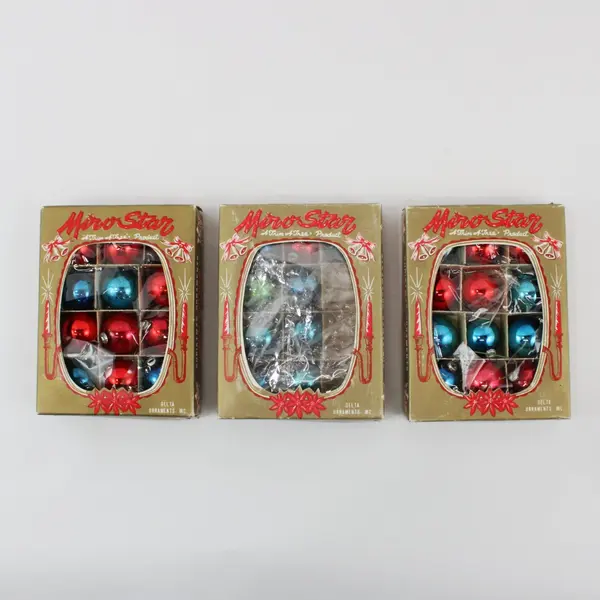 33 Vintage Miro Star Red Blue Green Glass Christmas Ornaments Original Boxes
