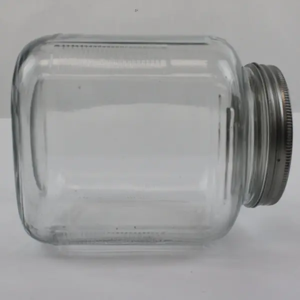 Clear Ribbed Glass Storage Jar Metal Screw-On Lid Hoosier Style Canister