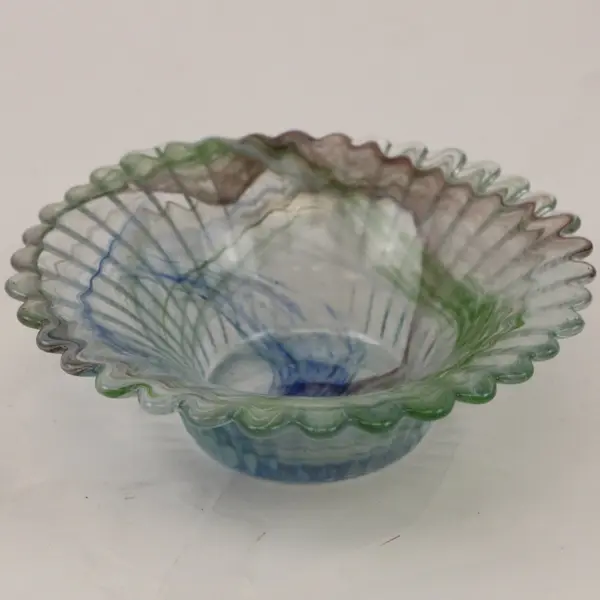 Handmade Multicolor Art Glass Candle Holder Decorative Bowl 4.5" Scalloped Rim