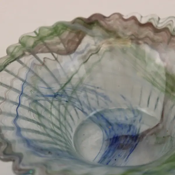 Handmade Multicolor Art Glass Candle Holder Decorative Bowl 4.5" Scalloped Rim