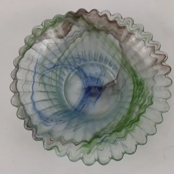 Handmade Multicolor Art Glass Candle Holder Decorative Bowl 4.5" Scalloped Rim