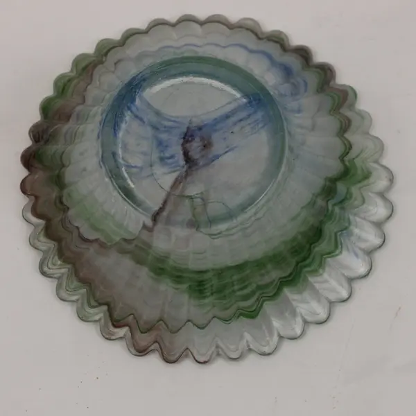 Handmade Multicolor Art Glass Candle Holder Decorative Bowl 4.5" Scalloped Rim