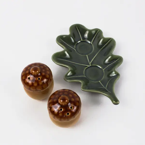 Department 56 Acorn Salt & Pepper Shakers Pair Leaf Tray Brown Gold Glazed