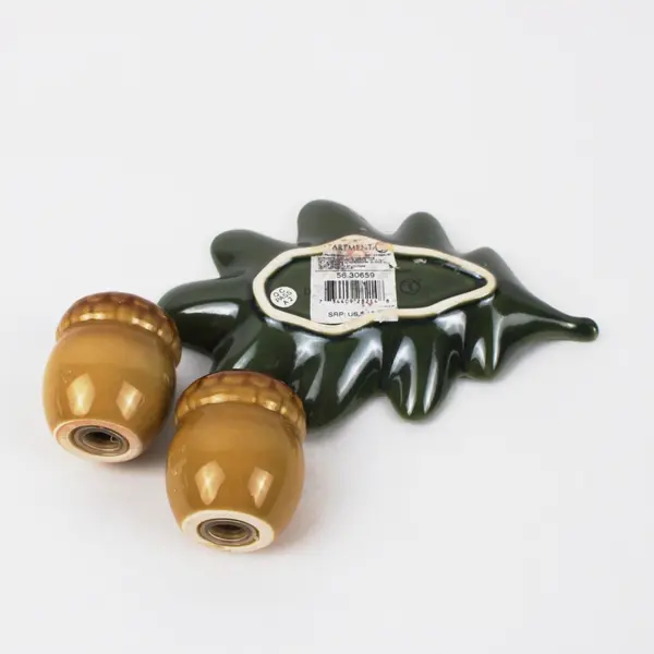 Department 56 Acorn Salt & Pepper Shakers Pair Leaf Tray Brown Gold Glazed