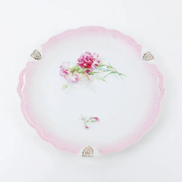 Floral Pink Cake Plate Scalloped Edge Handled Serving Platter