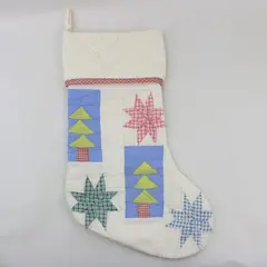 White Quilted Christmas Stocking Tree Star Multicolor Plaid Accents 18''