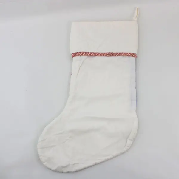 White Quilted Christmas Stocking Tree Star Multicolor Plaid Accents 18''