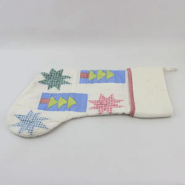 White Quilted Christmas Stocking Tree Star Multicolor Plaid Accents 18''