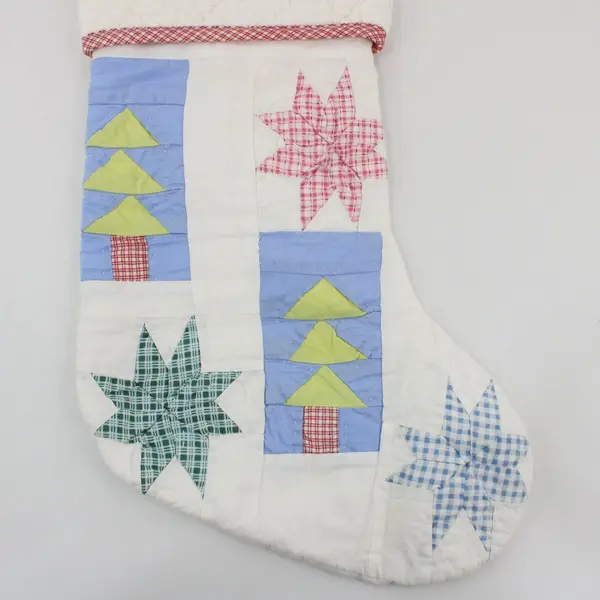 White Quilted Christmas Stocking Tree Star Multicolor Plaid Accents 18''