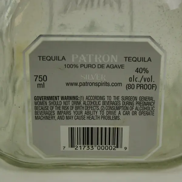 Empty Patrón Silver Tequila 750ml Glass Bottle Cork Closure