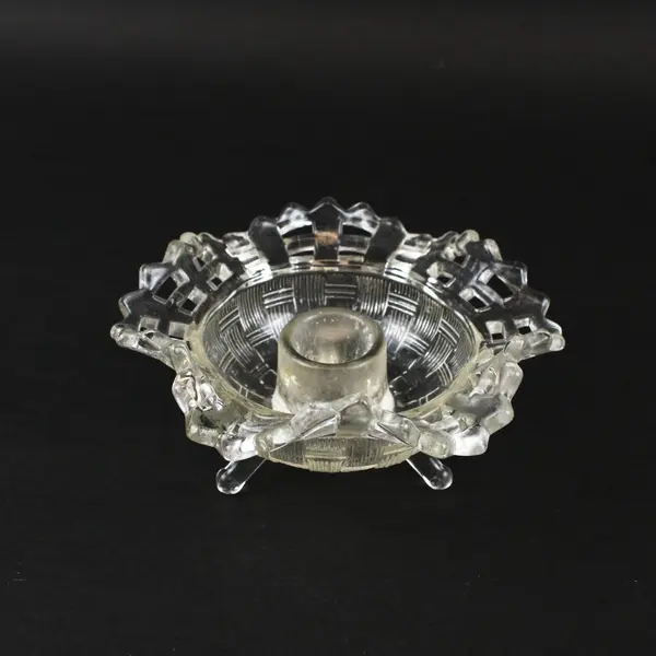 Vintage Basket Weave Lattice Rim Clear Glass Candle Holder