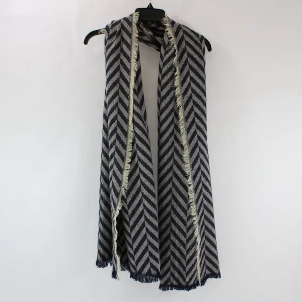 Blue Gray Herringbone Knit Scarf Fringe 26 x 78 in