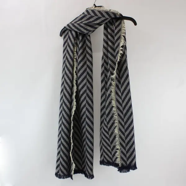 Blue Gray Herringbone Knit Scarf Fringe 26 x 78 in