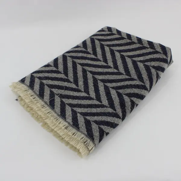 Blue Gray Herringbone Knit Scarf Fringe 26 x 78 in