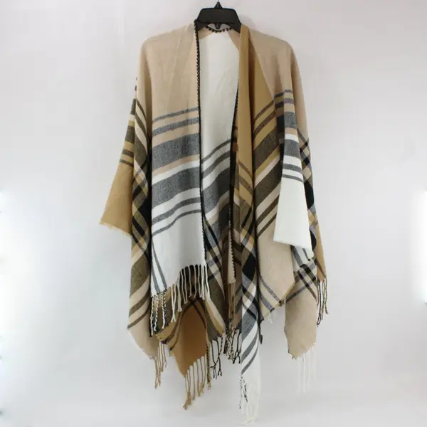Mud Pie Women's Tan Black White Plaid Fringe Poncho One Size